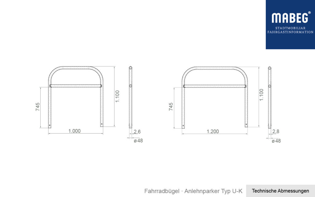 Abmessungen Fahrradbügel U mit Knieholm in Edelstahl