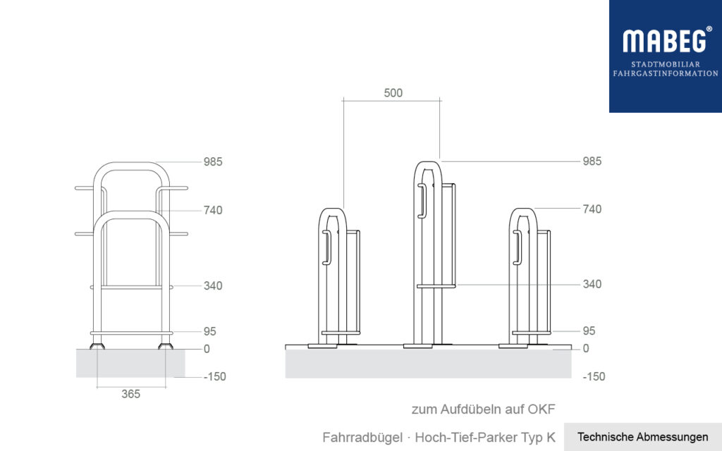 Abmessungen Typ K (ein- oder beidseitige Hoch-Tief-Einstellung von Fahrrädern) auf OKF
