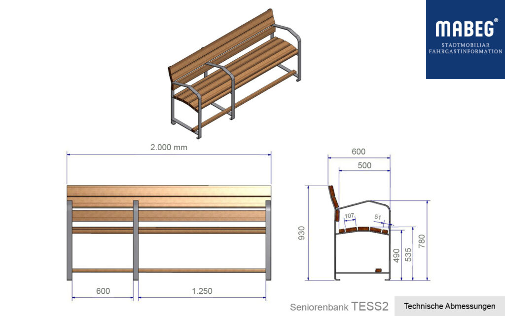 Abmessungen TESS2 3-Sitzer
