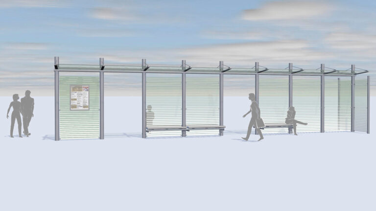 Seitenansicht der kundenspezifischen Wartehalle System O für Norderney