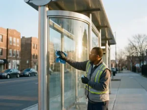 Wartungsarbeiter reinigt Bushaltestelle aus Aluminium und Glas mit Mikrofasertuch im Morgenlicht, urbane Straße im Hintergrund.