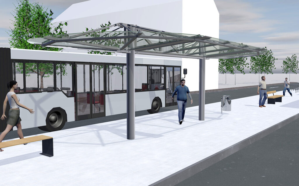 Überdachung System O doppelzeilig R-Maxi Eindeckung Glas mit Überstand rund