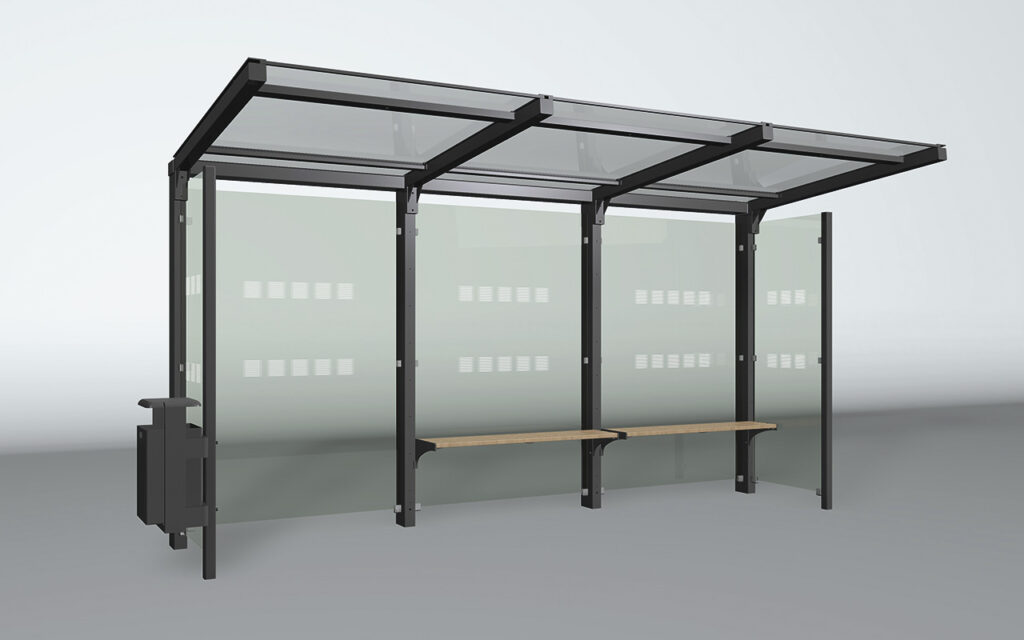 Rendering Wartehalle System Y 3-feldrig mit Abfallbehälter C40